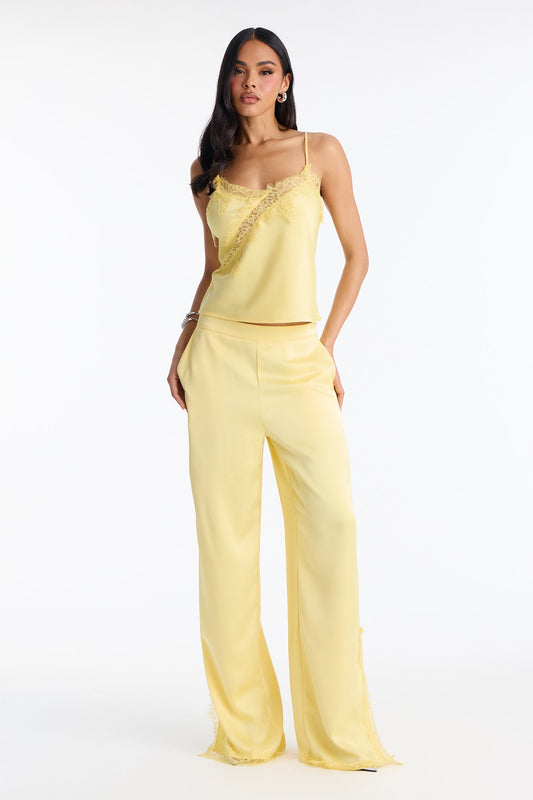 Conjunto de pantalones con ribete de encaje satinado - Amarillo